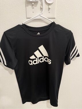adidas Black Tee with White Logo and Sleeve Stripes